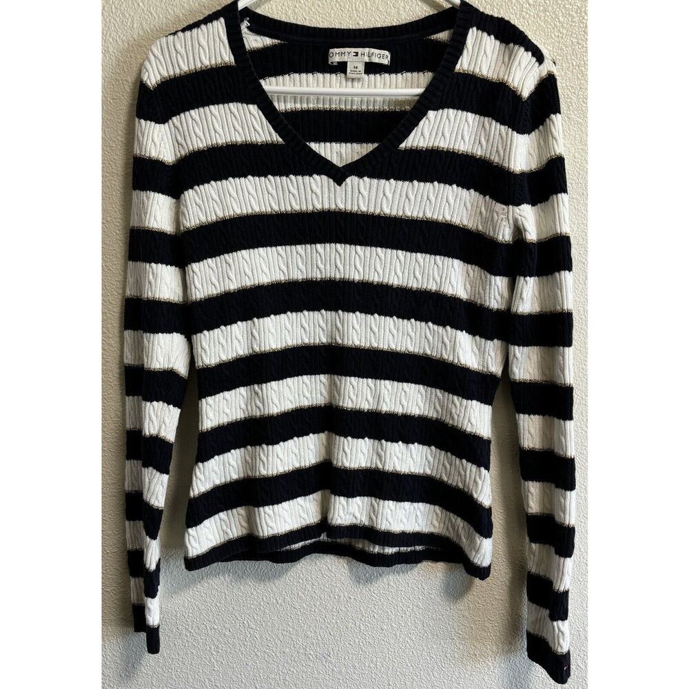 Cable Knit Sweater V Neck Metallic Stripe Academia Preppy Nautical Women’s Si